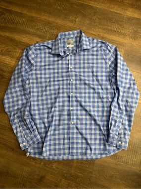 Michael Kors Mens 17.5 36/37 Blue Gingham Airsoft Stretch Dress Shirt Regular